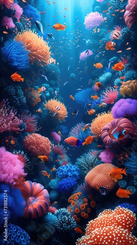 The fish are colorful and coral reefs  dark navy and light magenta  tranquil garden scapes  patterns  colorful animations. Generative AI.
