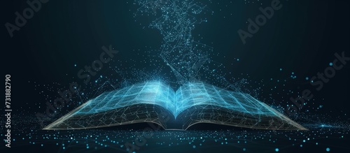 Futuristic technology low polygonal glowing open book isolated on dark background. AI generated photo