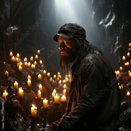 AI generated illustration of a spooky male with a full beard surrounded by lit candles