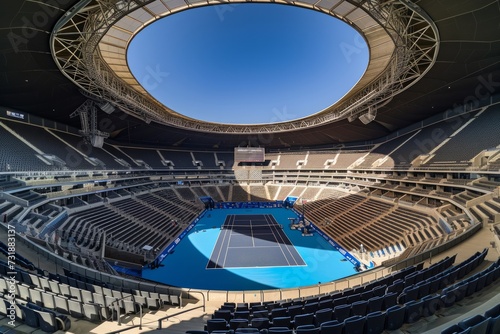 Wide angle view of a large tennis stadium with an open roof.