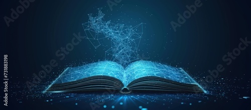 Futuristic technology low polygonal glowing open book isolated on dark background. AI generated