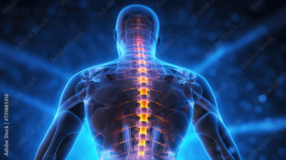 Back Pain: Glowing illustration of the human spine and pain radiating ...