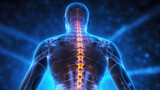 Back Pain: Glowing illustration of the human spine and pain radiating from the discs through nerve endings. Merging technology and anatomy for a futuristic healthcare concept.