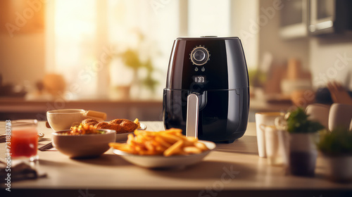 Air fryer:  Crispy Delights: Air fryer surrounded by freshly cooked gourmet dishes in a modern, bright kitchen – the epitome of efficient and healthy home culinary experiences