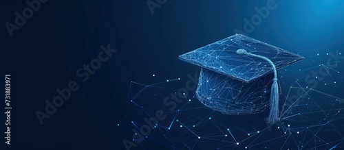 Glowing graduation cap polygonal low poly illustration on dark background. AI generated image photo