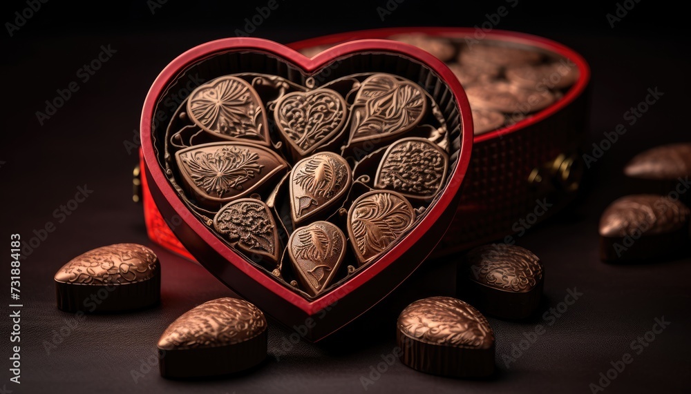 Naklejka premium Heart Shaped Box Filled With Chocolates on Table