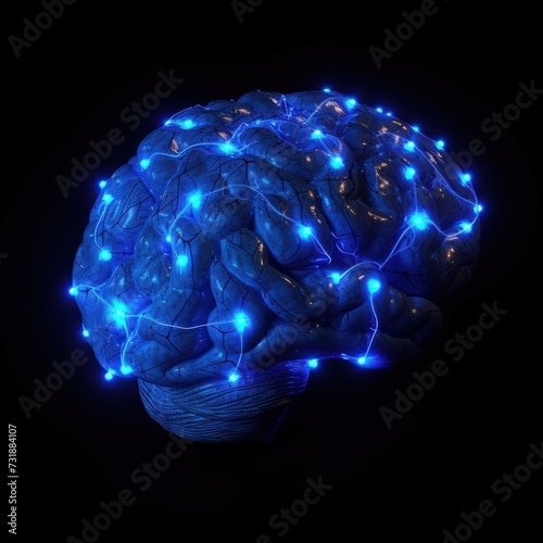 Futuristic glowing low poly human brain isolated on dark blue background. AI generated image