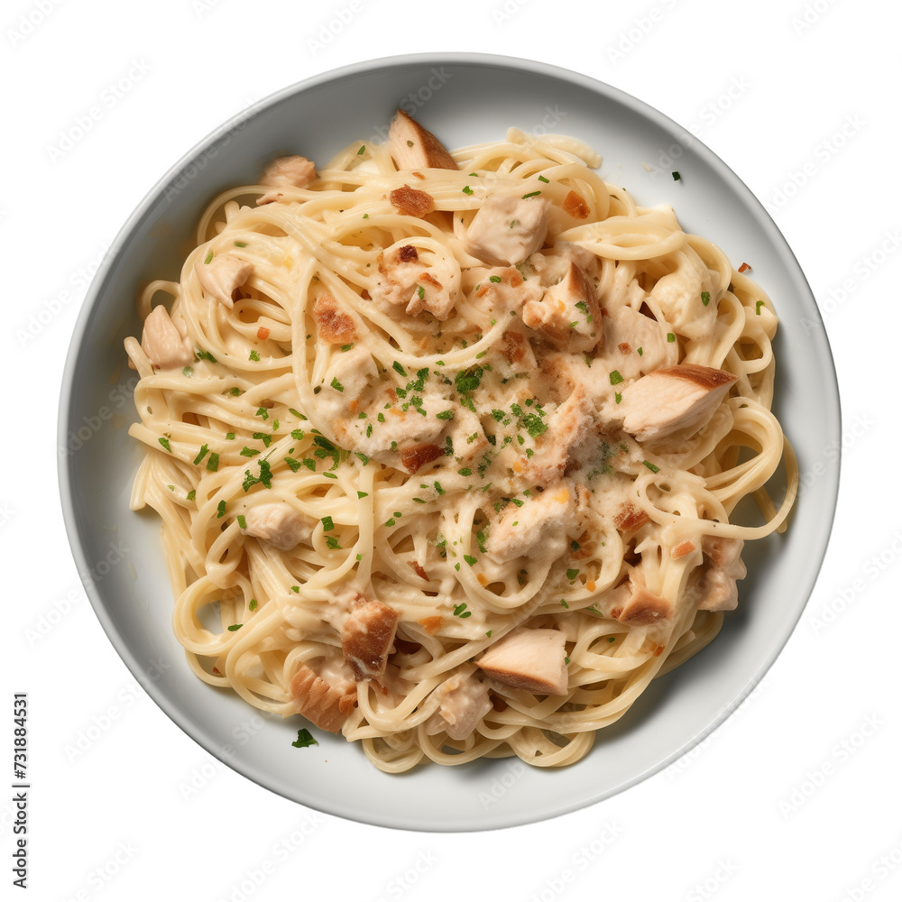 italian alfredo pasta with grirlled chicken on white plate on transparent isolated background, PNG file