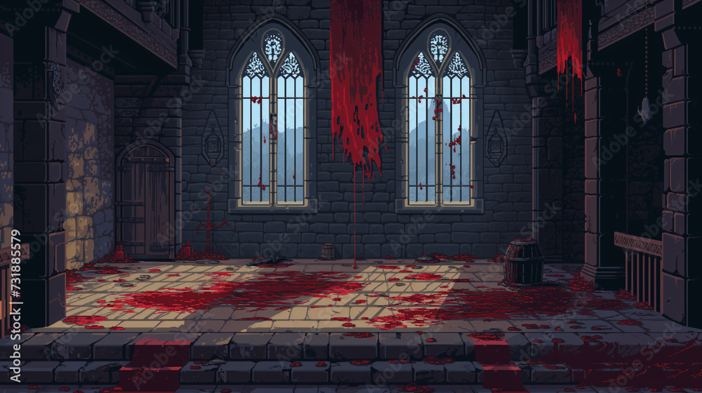 pixel art of bloody dungeon background battle scene in RPG old school retro 16 bits, 32 bits game style - obrazy, fototapety, plakaty 