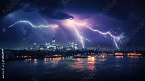 Powerful City Thunderstorm: Amidst the dark night, lightning strikes over the metropolitan skyline, creating a dynamic urban landscape filled with electric energy and atmospheric drama