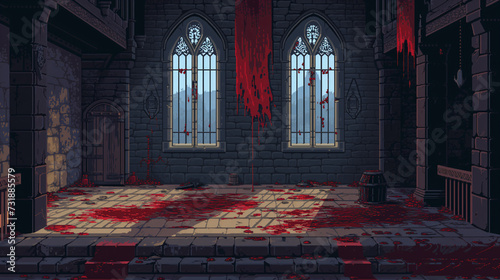 pixel art of bloody dungeon background battle scene in RPG old school retro 16 bits, 32 bits game style photo