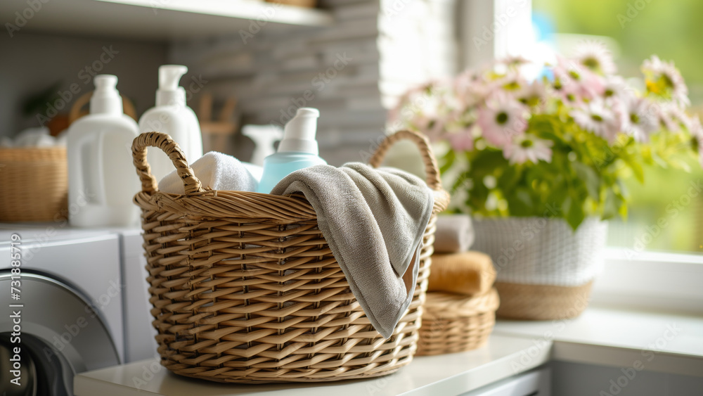 Laundry basket with pile of cloth, towel and laundry detergent in room with washing machine. Interior decoration, cozy, minimal