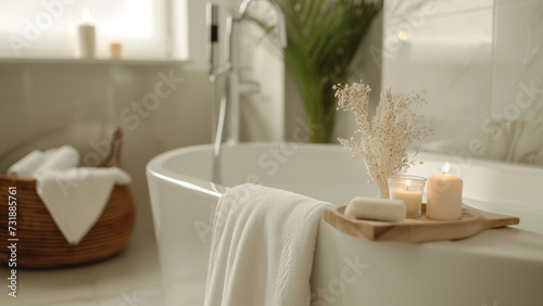 Bathroom, bathtub shower with candle and floral decoration. Cozy and minimal design interior