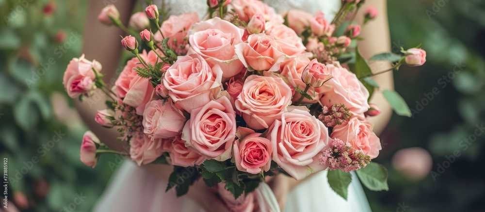Fototapeta premium A bride, adorned in a white dress, gracefully holds a beautiful bouquet of pink roses, a lovely flower from the rose family.