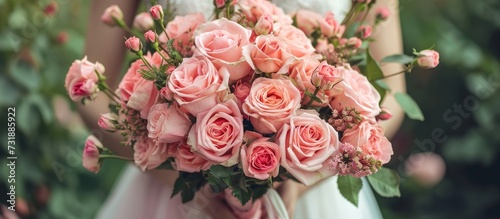 A bride, adorned in a white dress, gracefully holds a beautiful bouquet of pink roses, a lovely flower from the rose family.