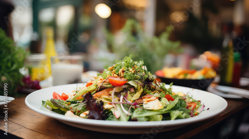 Heathy salad dinner: A colourful plate of organic goodness in a stylish restaurant setting, capturing the essence of health and culinary sophistication