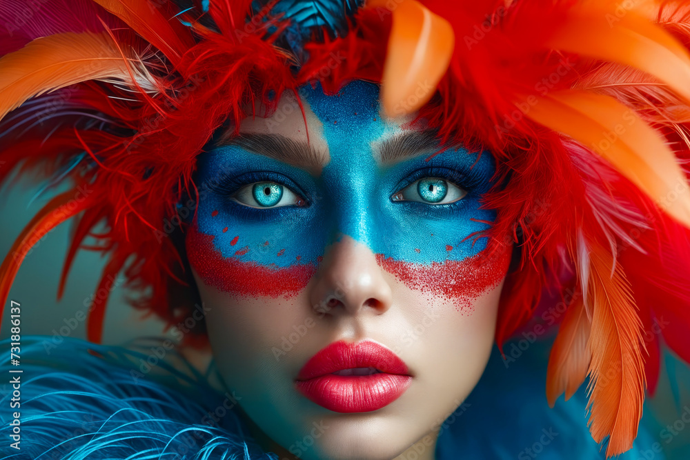Woman with red hair and blue red and white makeup on her face.