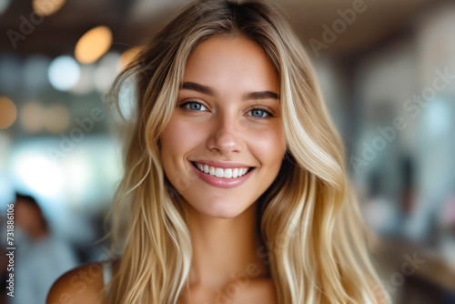 Woman with long blonde hair and blue eyes smiles for photo.