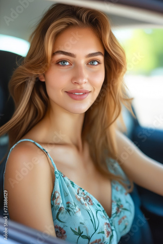 Woman with long hair and blue eyes smiles for picture in the car.