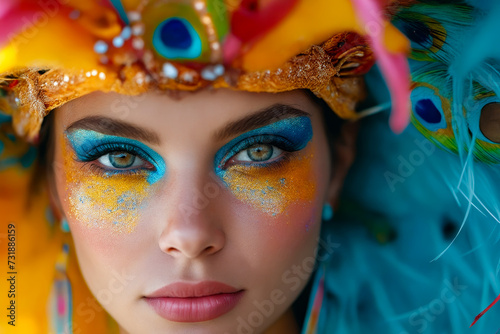Woman with colorful makeup on her eyes and vibrant feathered headpiece.