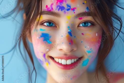 Girl with blue eyes and paint splatters on her face smiles for the camera.