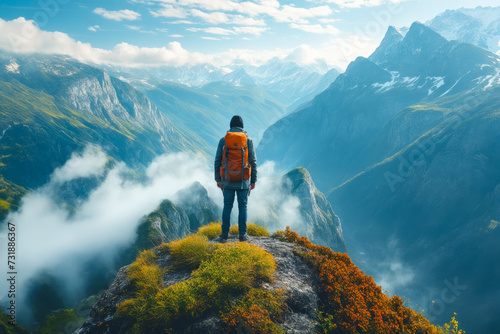 Man wearing backpack stands on top of mountain looking down at the valley below. photo