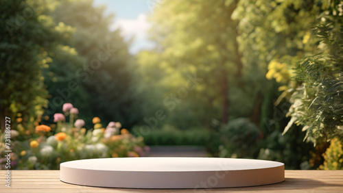 3d render of white round podium on wooden table in the garden with sunny photo