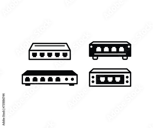 network switch router networking technology vector icon design simple black white flat illustration collections isolated on white background