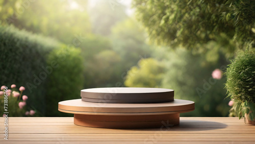 Wooden podium on the table in the garden. 3d render