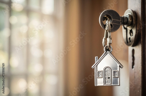 House key on a house shaped silver keyring in the lock of a door. Ai Generated © Abdul