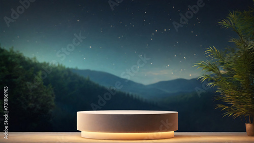 3d render of a product display podium on a table in front of a mountain landscape © SeanJVision