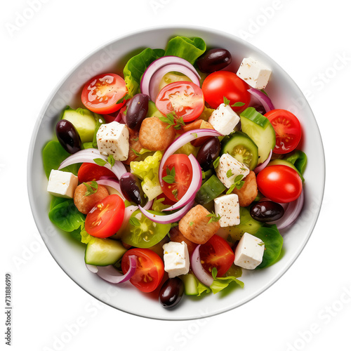 greek salad with feta cheese cubes, lettuce, diced tomato and red onion, olives, in white bowl on transparent isolated background, PNG file