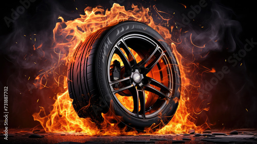 Dynamic car tyre with flames, symbolizing speed and power in the automotive industry. A vibrant burst of energy and motion on the asphalt, capturing the essence of competition and adrenaline