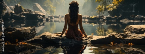 woman is sitting with her back to river among the mountains, physical health, wellness exercise,  inner happiness,  reducing stress concept. banner © Анна Мартьянова
