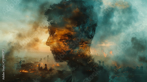 Stressed man merges with war scene, blending inner turmoil with external chaos—eerie double exposure capturing emotional impact in haunting synchrony.
