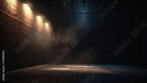 Dark Black Room with Glowing Brick Walls and Radiant Rays photo