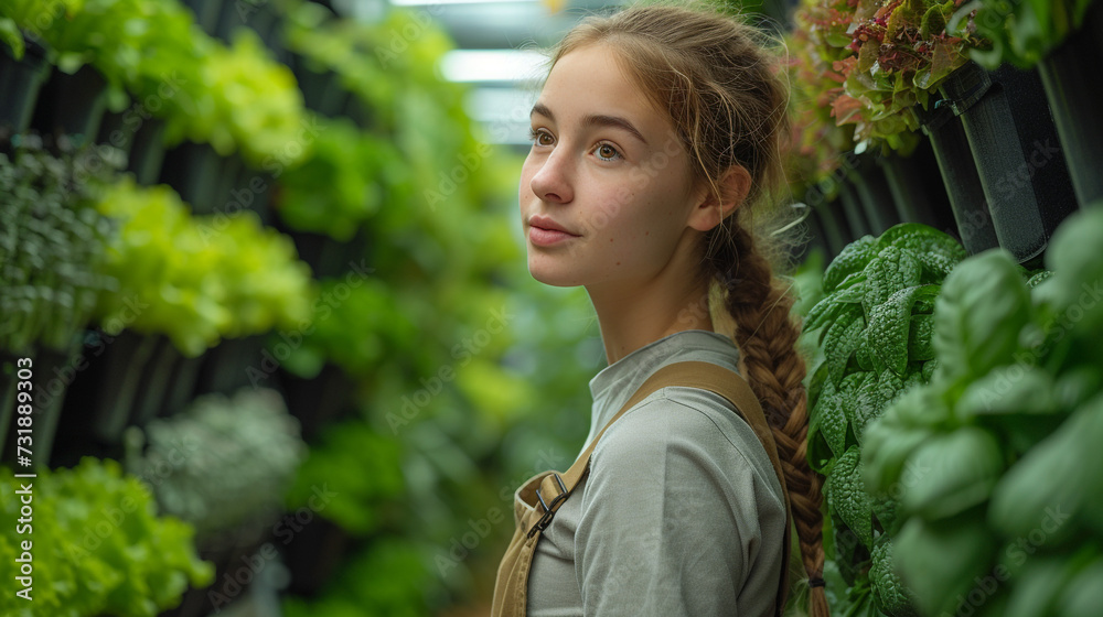 Illustration of a modern greenhouse in which a young girl works, modern agriculture, very high-quality salads and greens. Illustration of a modern greenhouse in which a young girl works, modern agriculture, very high-quality salads and greens.