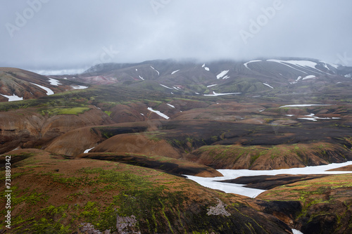 The picturesque Icelandic landscape of rainbow volcanic rhyolite mountains in the geothermal volcano area on Icelandic highlands at Landmannalaugar, Iceland. Laugavegur hiking trail. photo