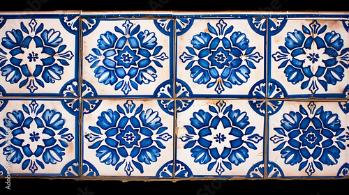 A close-up view of a traditional Portuguese tile wall, focusing exclusively on the tiles