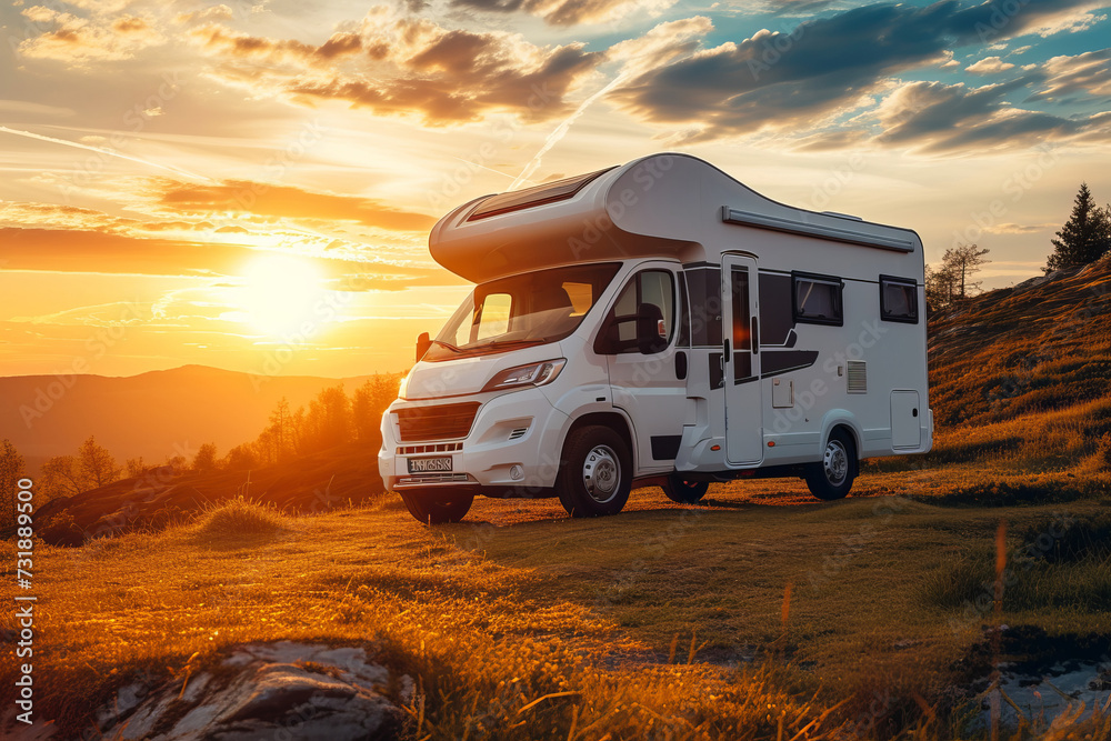 A camper standing in a meadow in the mountains with a beautiful setting sun, holiday theme

