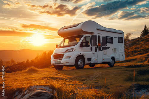 A camper standing in a meadow in the mountains with a beautiful setting sun, holiday theme 