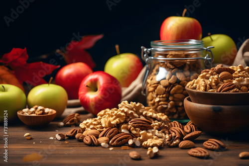 Autumn fall baking background with pumpkins, apples, nuts, food ingredients and seasonal spices, banner. Cooking pumpkin or apple pie and cookies for Thanksgiving and autumn holidays.