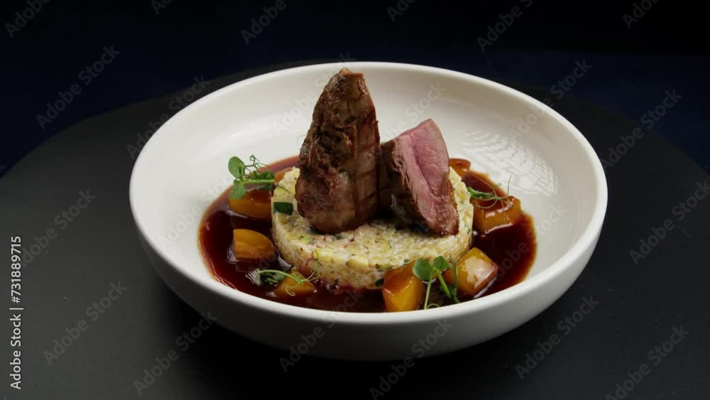 Stewed meat on risotto in a plate. Selective focus. Stewed meat on risotto in a plate. Selective focus.