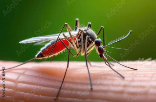 A mosquito sits on the skin, the abdomen is filled with red fluid, the mosquito has bitten a person. Leishmaniasis, encephalitis, dengue, yellow fever.malaria disease, photo