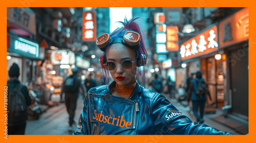 Young Asian cyberpunk girl, with "Subscribe" written across her leather jacket in a city street scene