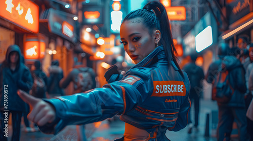 Young Asian cyberpunk girl, with "Subscribe" written across her leather jacket in a city street scene