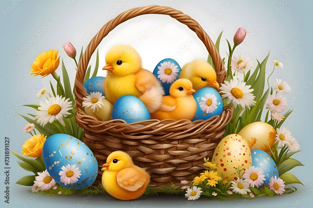 Easter basket with easter eggs and chickens, generative AI Easter basket with easter eggs and chickens, generative AI