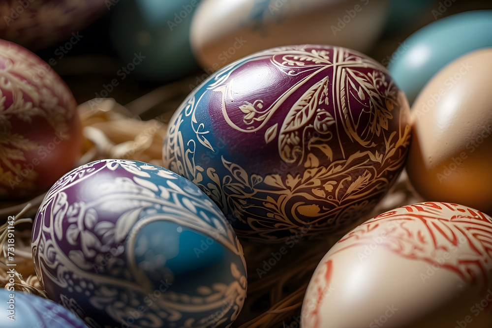 Closeup of easter eggs with colors and patterns, generative AI Closeup of easter eggs with colors and patterns, generative AI