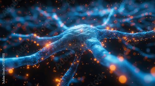 Network of interconnected brain cells in a blue digital illustration, ai generated