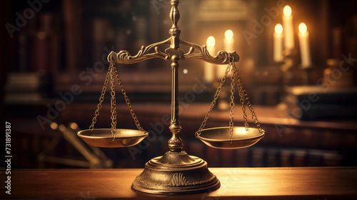 Law Background: View of intricate justice scales, symbolising fairness and balance in the legal system. Gold and metal details highlight authority and ethical principles.